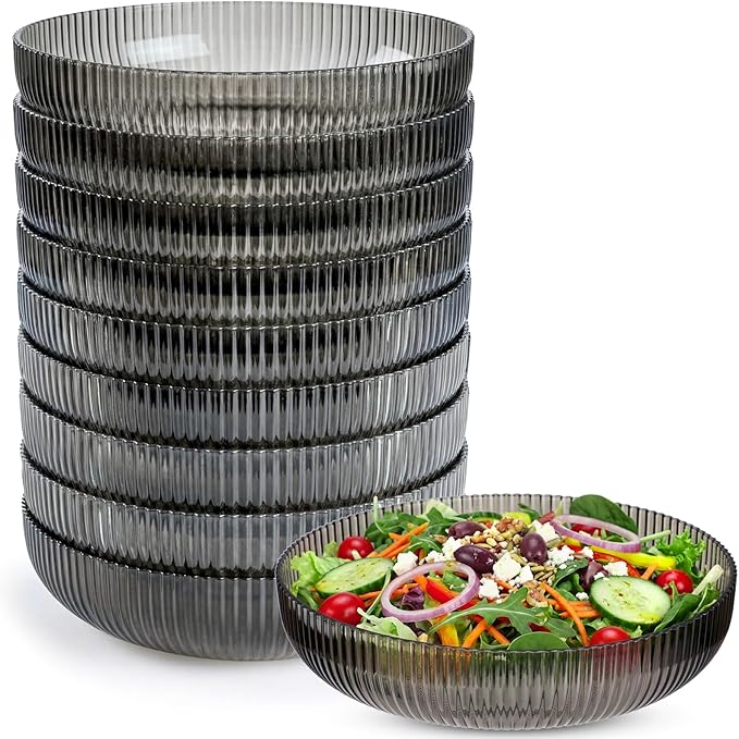 10 Pack 10 Inch Large Plastic Serving Bowls Salad Mixing Bowl Vertical Ribbed Pattern Buffet Party Serving Bowls for Vegetable Fruit Salad Candy Chip Popcorn Snack(Glacier Grey)
