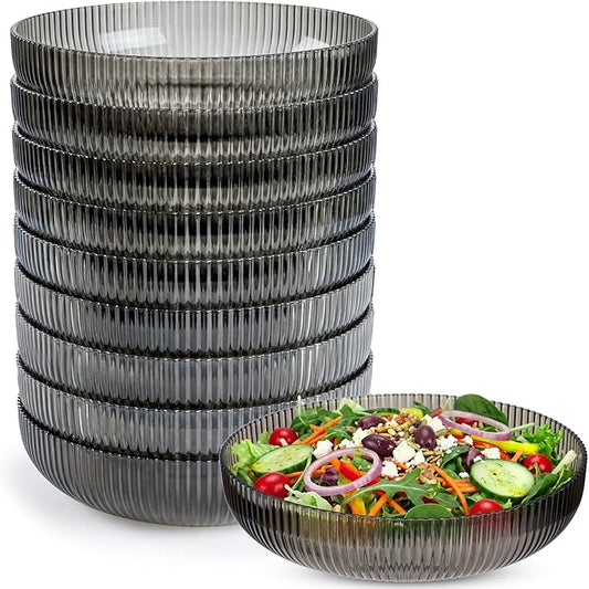 10 Pack 10 Inch Large Plastic Serving Bowls Salad Mixing Bowl Vertical Ribbed Pattern Buffet Party Serving Bowls for Vegetable Fruit Salad Candy Chip Popcorn Snack(Glacier Grey)