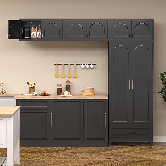 Kitchen Pantry Cabinet, 90" Tall Metal Pantry Cabinet, Food Cupboards with One Drawer, Freestanding Storage Cabinets for Dining, Living Room, Black,16" D x 32" W x 90" H, Assembly Required
