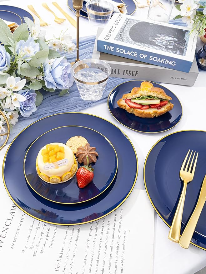 WDF 150pcs Blue plastic Plates - Navy Blue Plates Disposable - 25guest Disposable Dinnerware Sets for Hanukkah/Party/Wedding/Birthday