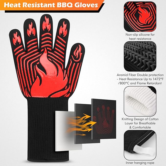 BBQ Gloves, 1472째F Heat Resistant Gloves Fireproof Mitts, Grilling Gloves Silicone Non-Slip Washable Oven Glove, Kitchen Glove for Barbecue, Grilling, Cooking, Baking, Camping, Smoker (Red)
