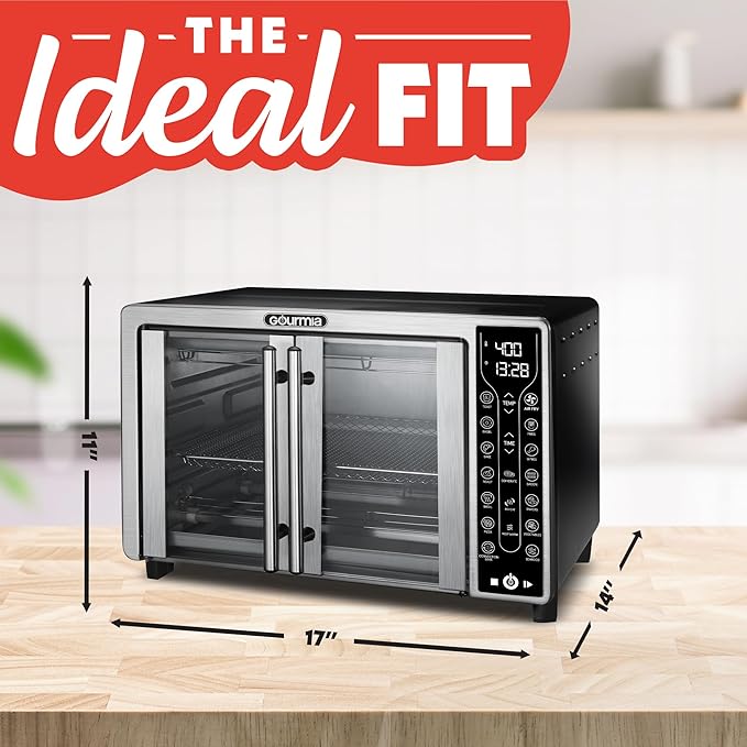 Gourmia French Door Air Fryer ??25 Qt Large Capacity Convection Oven, Fryfroce 360째, Digital Display with 17 Cooking Presets, Bake, Toast, Roast, Dehydrate, Fits 12??Pizza
