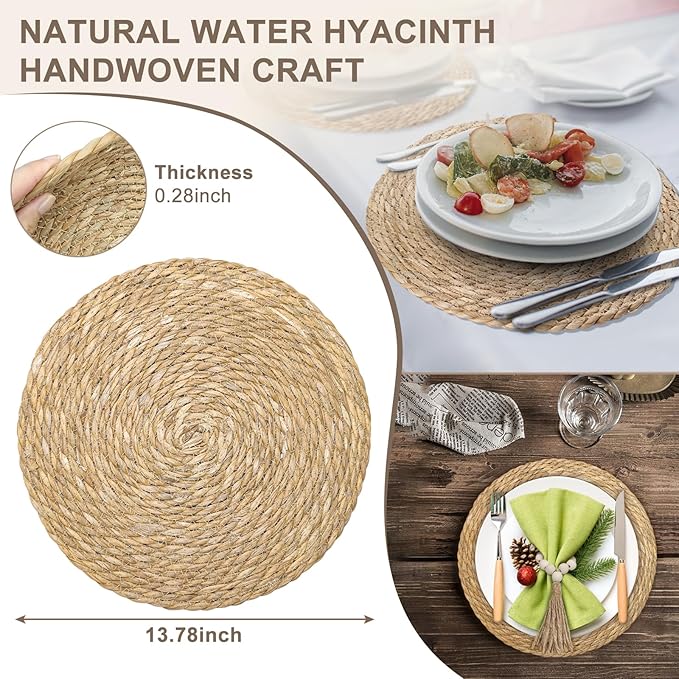 Hardcometrue Woven Placemats Set of 4, 13.8" Natural Water Hyacinth Round Rattan Placemats with Wooden Beads Napkin Rings for Kitchen Dining Table Decor