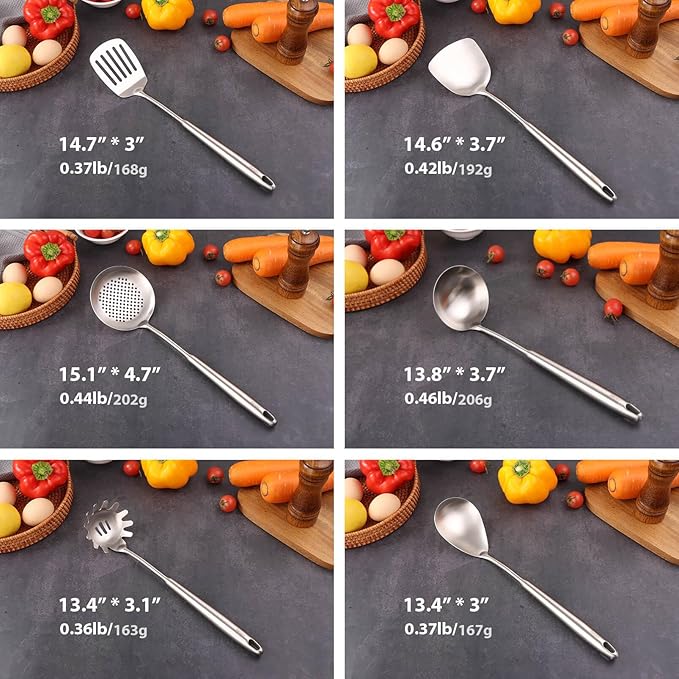 18/10 Stainless Steel Kitchen Utensils Set - 12 PCS All Metal Cooking Tools & 15??Serving Utensils - Potato Masher, Meat Fork, Tongs, Turner, Pasta, Serving Spoon, Skimmer, Ladle, Spatula Spoon Set