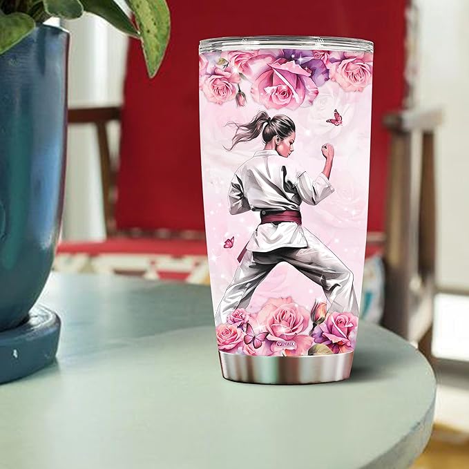 WONWIX Personalized Karate Tumbler for Girls, Stainless Steel Insulated 20oz Travel Cup Mug Water Bottle Perfect Birthday Mother's Day Valentine Christmas Gift for Women, Wife, Daughter