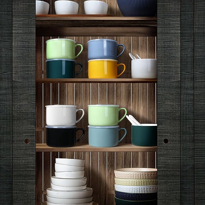 Soup Bowls with Handles & Spoons, 30oz Ceramic Ramen Bowl with Lid, Large Soup Mugs/Cups for Instant Noodle, Big Cereal Bowls for Oatmeal, Soup Containers with Lids, Set of 2, Dark Green