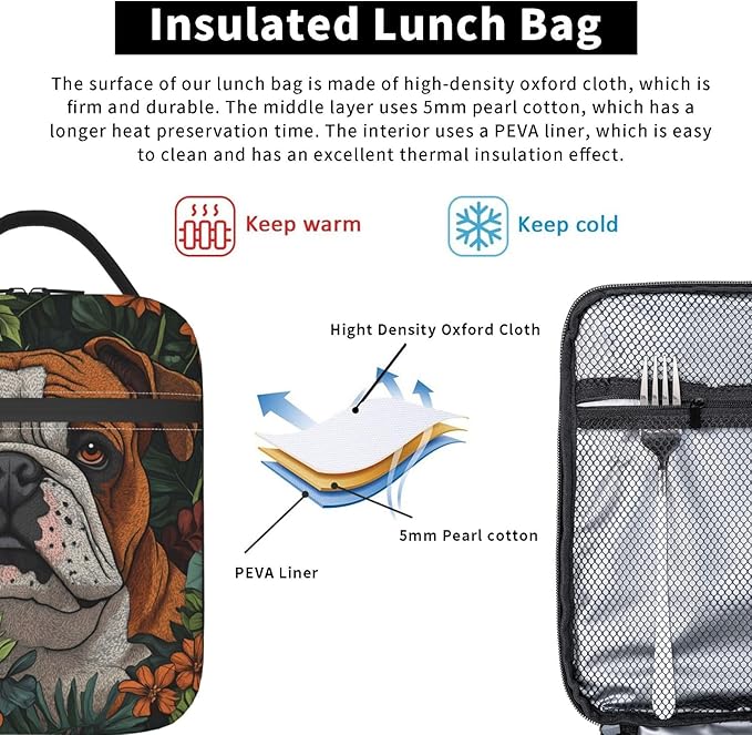 VANZEV Insulated Lunch Box for Women Men, Bulldog Theme Lunch Box Reusable Portable Lunch Bag Cooler Tote Waterproof Lunch Container for Office Picnic Work Travel Hiking