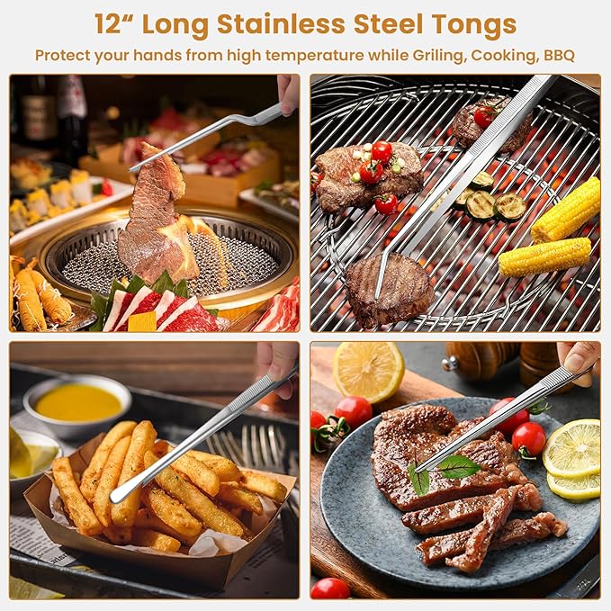 GEEKHOM 4-Pcs 12-Inch Commercial Kitchen Tongs: Professional Stainless Steel with Serrated Tips & Secure Grip (Silver)