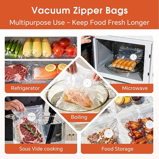 Reusable Vacuum Sealer Bags 25 Pack (8.7"x8.3") with 5 Clips, BPA-Free Vacuum Zipper Bags for Food Storage, Freezer & Sous Vide Cooking, Compatible with Food Saver Vacuum Sealers