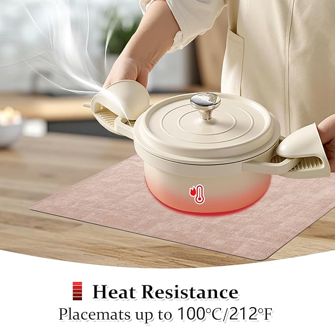 FROMHEART Faux Leather Placemats Set of 6?밯aterproof,Heat/Oil Stain-Resistant PU Table Mat?밨eversible,Non-Slip,Easy to Clean Place Mats for Kitchen,Dining,Indoor/Outdoor,(Pink,11.8" x 17")