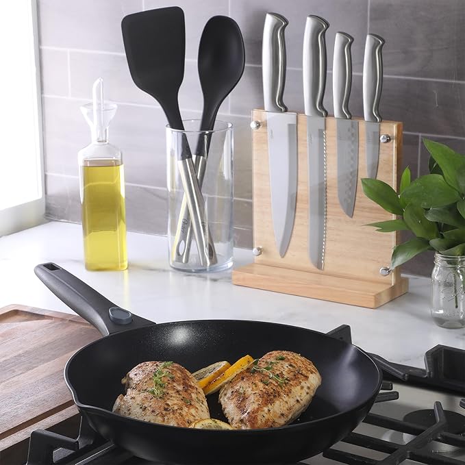 Oster Baldwyn 5-Piece Stainless Steel Knife Block Set with Wood Magnetic Stand ??Countertop Display & Knife-Safe Storage