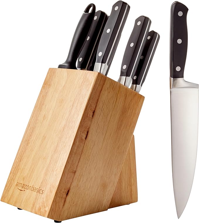 Amazon Basics 9 Pieces Premium High-Carbon Stainless-Steel Blades with Pine Wood Knife Block Set, Kitchen, Black