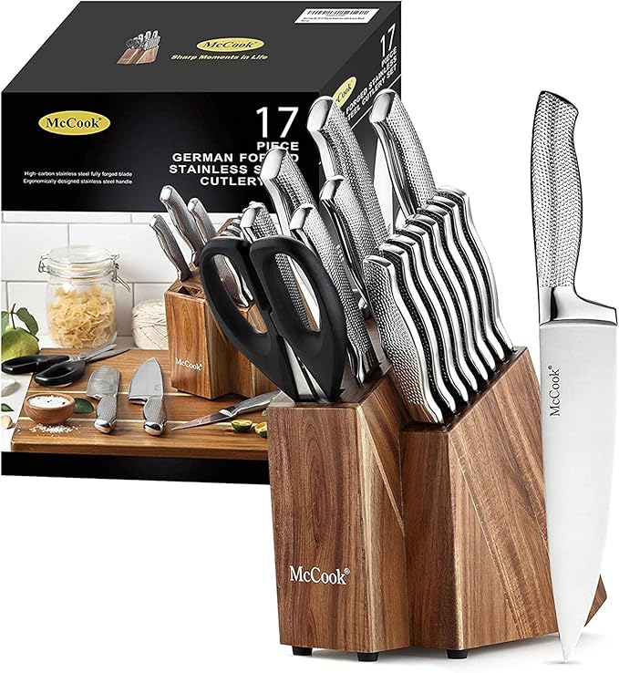 McCook짰 Premium Knife Sets,Full Tang Hammered German Stainless Steel Kitchen Knife Set with 8 Pieces Steak Knives and Acacia Block