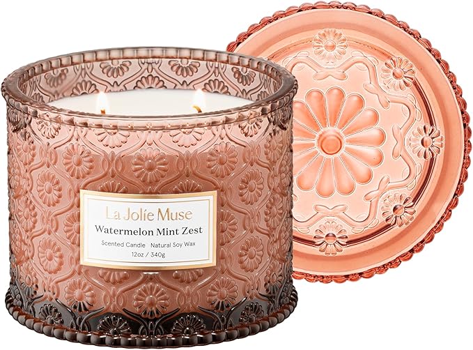 LA JOLIE MUSE Watermelon Mint Zest Candle - Eucalyptus, Sage, Lavender | 12 oz Large 2-Wick Soy Wax Candle | 60 Hours Clean Burn | Gift-Ready for Hosts & Gatherings | Elegant Home D챕cor
