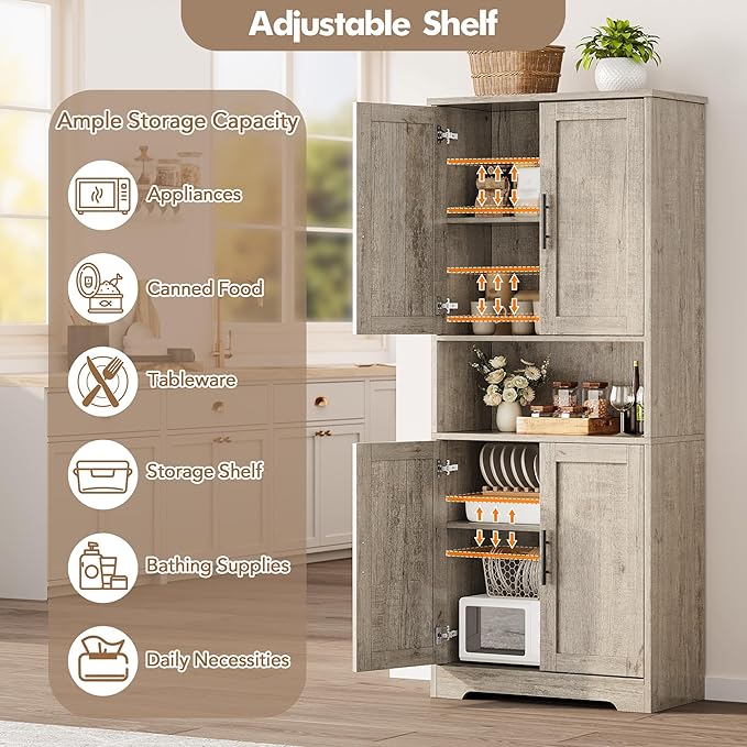 IDEALHOUSE Kitchen Pantry Cabinet, 70in Tall Storage Cabinet with Doors and Adjustable Shelves, Freestanding Cupboard for Living Room, Dining Room, Bathroom (Rustic Gray)