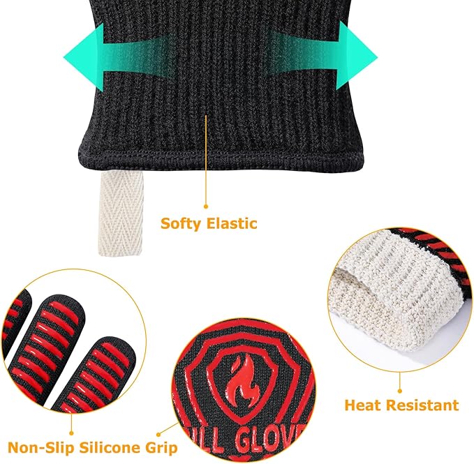 BBQ Gloves, BBQ Accessories 1472??Extreme Heat Resistant, Grilling Gloves Silicone Non-Slip Oven Mitts, Kitchen Gloves for BBQ, Grilling, Cooking, Baking-1 Pair 14inch