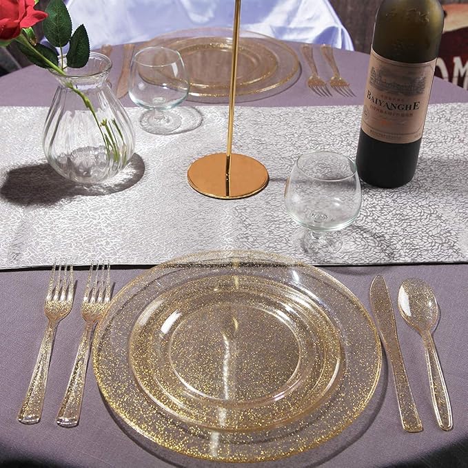 I00000 150PCS Gold Disposable Plates Silverware, Gold Glitter Dinnerware Set Include 25 Dinner Plates 10.25?쇺? 25 Dessert Plates 7.5?쇺? 25 cups 10 OZ, 25 Forks, 25 Knives, 25 Spoons for Wedding,Party