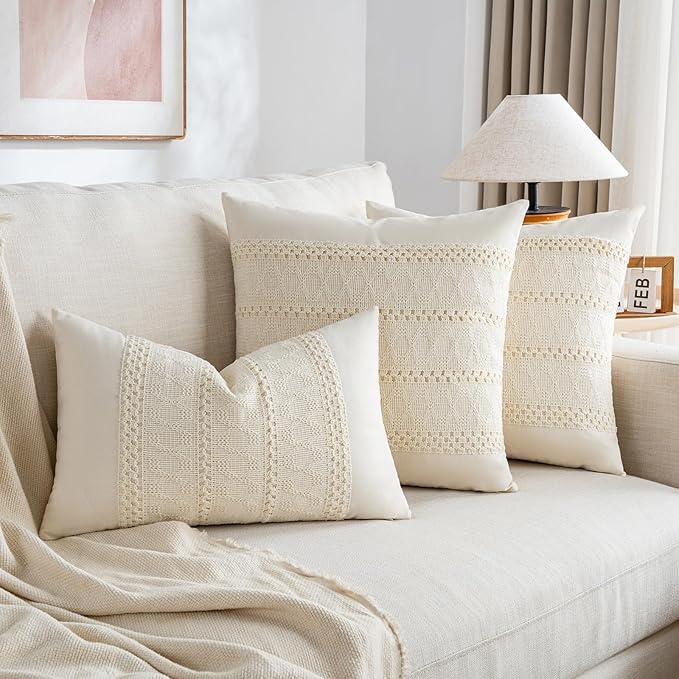 Fancy Homi Set of 2 Boho Cream Decorative Throw Pillow Cover 18x18 Inch for Couch Bed Sofa, Aesthetic Modern Organic Farmhouse Home Decor, Soft Cotton Cute Accent Macrame Woven Cushion Case