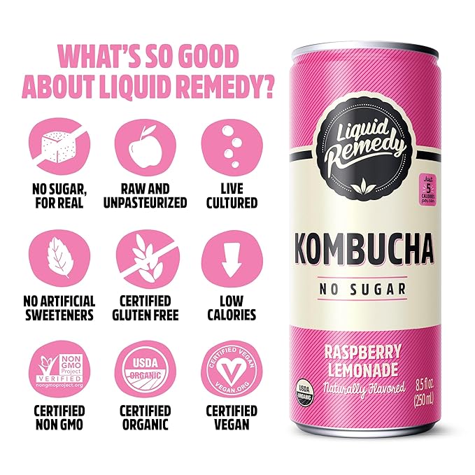 Liquid Remedy Kombucha Sugar Free Organic Drink, Low Calorie, Probiotic Like Tea for Gut Health - Fan Favorites Variety Pack - 8.5 Fl Oz Can, 24-Pack