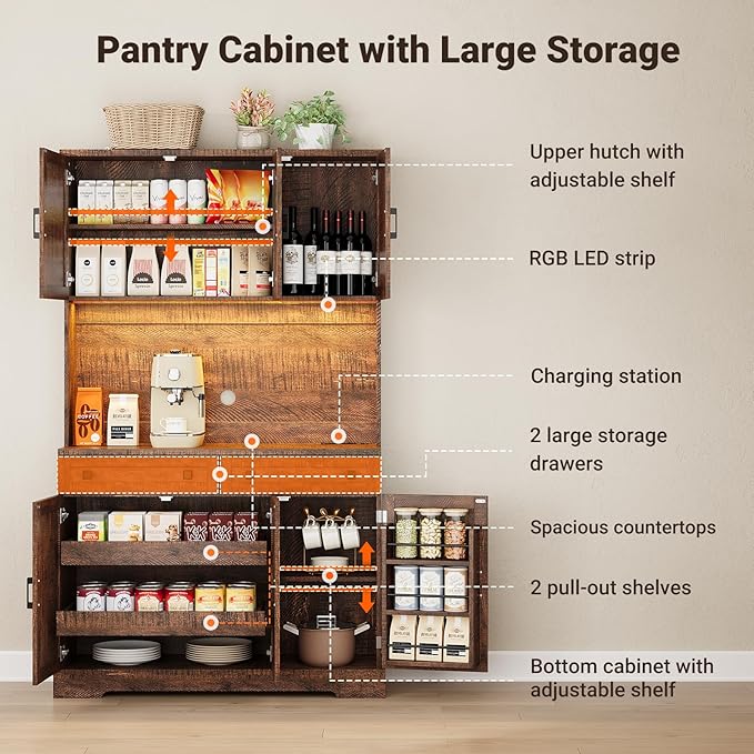ELYKEN 71" Tall Ktchen Pantry Cabinet with Charging Station & LED Lights, Farmhouse Kitchen Hutch Cabinet with Microwave Stand & Large Countertop for Dining Room Living Room, Brown