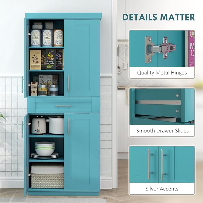 HOMCOM 72" Kitchen Pantry Cabinet, Freestanding Tall Storage Cabinet with 4 Doors, Drawer and 3 Adjustable Shelves for Dining Room, Turquoise
