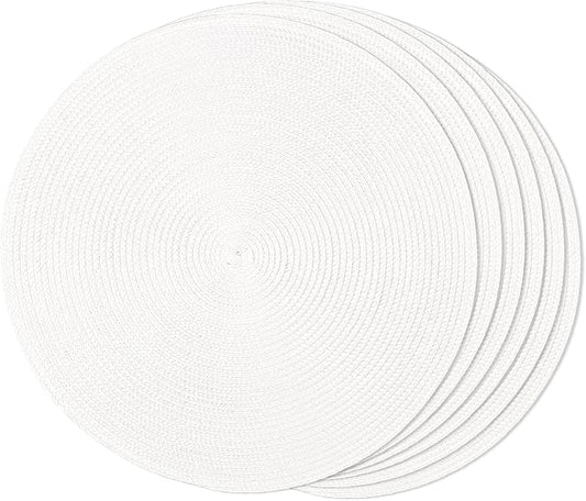 FunWheat Round Braided Placemats Set of 6 Table Mats for Dining Tables Woven Washable Non-Slip Place mats 15 inch(White, 6pcs)