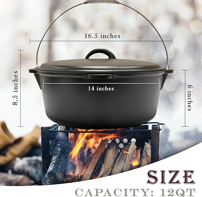 Cuisiland 12 Quart Cast Iron Dutch Oven with Dome Lid & Bail Handle ??Pre-Seasoned Large Campfire Pot for Outdoor Cooking, Roasting, Baking & Stews ??Heavy-Duty Cookware with Even Heat Distribution