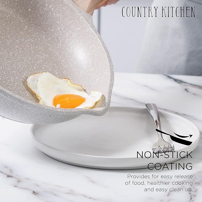 Country Kitchen Non-Stick Cast Aluminum Cookware Set - Durable Kitchen Cookware for Everyday Cooking, Speckled Cream, 8 Pc.