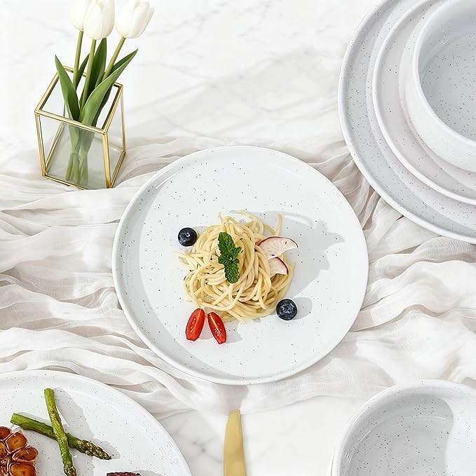 GZG Ceramic Dinner Salad Plates Set of 4, 8 Inch Speckled Dinnerware Dessert Plates with Clay-Tone Base, Microwave Oven Dishwasher Safe