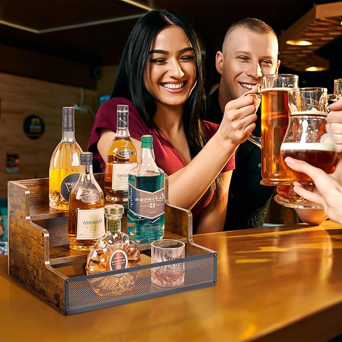 3 Step Countertop Liquor Bottle Display Shelf, Wood Bar Shelves 12 Bottles with Fences, Freestanding Storage Shelves for Liquor Whiskey Wine Coffee Syrup Display, Retro Wine Rack Home (Patent Pending)