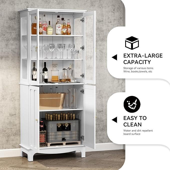 ARTPOWER 72" Freestanding Kitchen Pantry Storage Sideboard, Classical Tall Cabinet with Glass Door and Adjustable Shelves for Kitchen, Livingroom and Dining Room, White