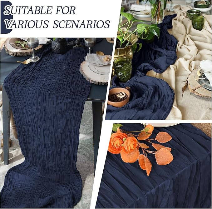 RealBox 3 Pack Navy Blue Cheesecloth Table Runner 17x108 Inch Semi Sheer Boho Gauze Cheese Cloth Fabric Table Runners Table Decor for Wedding Party Baby Shower Birthday Home Decor Garden Farmhouse