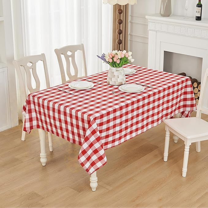 BALCONY & FALCON Rectangle Gingham Table Cloth ??Water-Resistant Cotton Blend, Spill-Proof & Washable Checkered Tablecloth for Kitchen, Dining, Picnic, Party (Red White, 55x71 Inch)