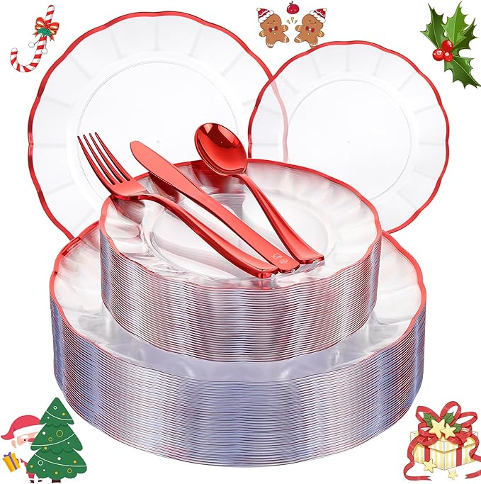 EI 150pcs Clear and Red Plastic Plates,Plastic Plates and sliverware,Clear Disposable Party Dinnerware Set for 30 Guests,Red Wavy Petal Edge Disposable Dinnerware Set for Wedding,Christmas,New Year