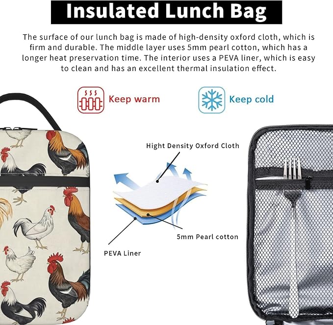 VANZEV Chicken Lunch Box for Adults Women Girls Boys Kids Cute Animal Lunch Box Insulated Cooler Reusable Lunch Bag Container Gifts for Work Office Picnic Travel School