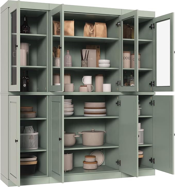 Palace Imports 100% Solid Wood Kitchen Pantry Hutch, Sage, 65" w x 71.5" h x 15.5" d, Renewable Eco-Friendly Wood, Made in Brazil