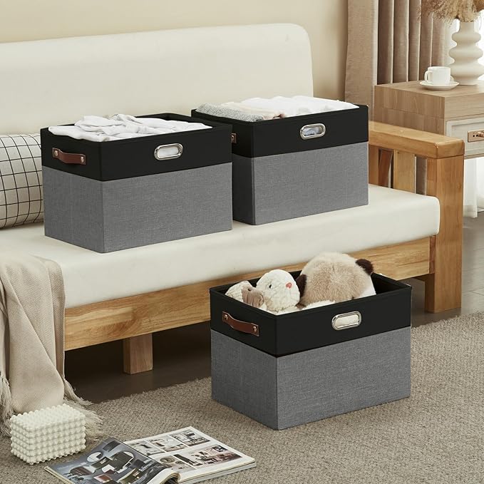 Bagnizer Large Collapsible Fabric Storage Bins with 3 Handles, Foldable Organizer Baskets for Closet, Shelves, Living Room | 3 Pack, Durable PU & Metal Handles (17"x11.8"x11.8", Black & Gray)