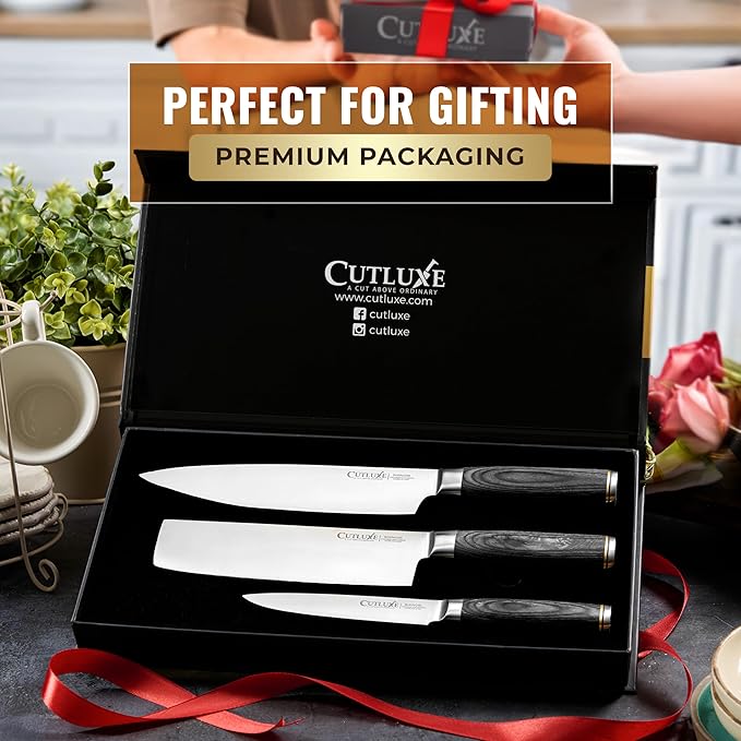Cutluxe 3-Piece Chef Knife Set ??Ultra Sharp Japanese Kitchen Knives, High Carbon Stainless Steel Blades, Full Tang Pakkawood Handles ??Shinobi Series