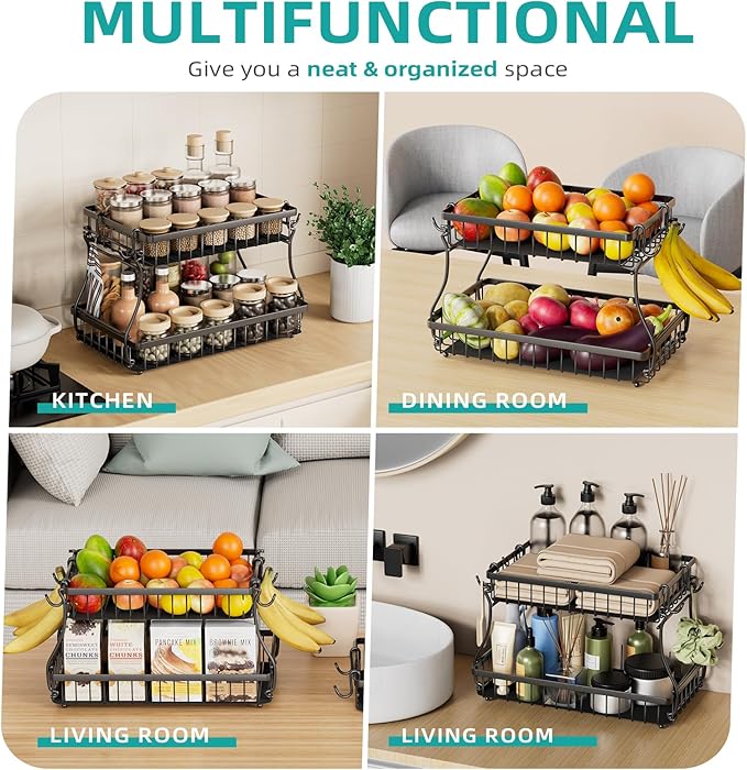 2 Tier Fruit Basket with 4 Banana Hangers, Improved Fruit Bowl for Kitchen Counter, Detachable Large Capacity Countertop Organizer Fruit Holder Stand for Vegetable Bread Snack Produce Storage