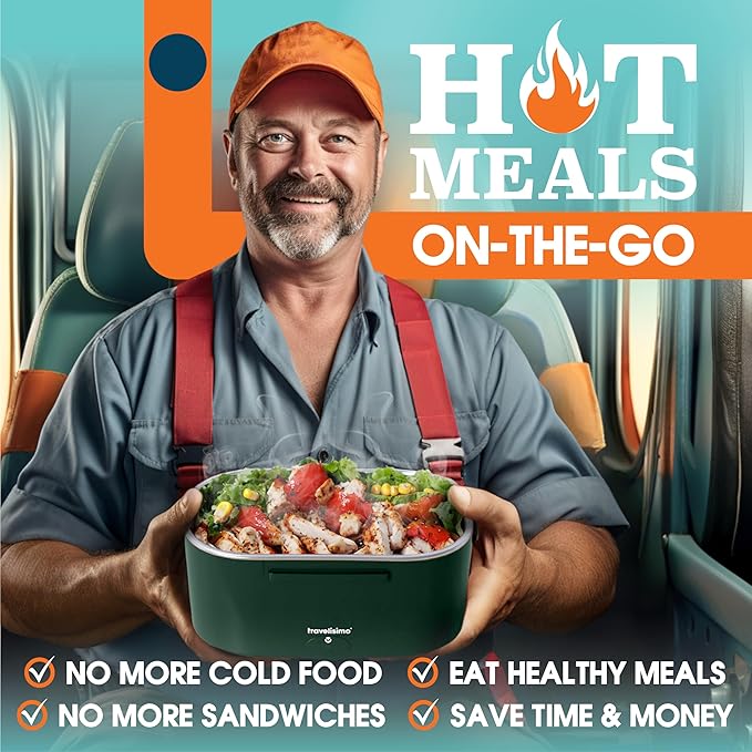 TRAVELISIMO Electric Lunch Box for Adults 100W Heated Lunch Box For Men 1.5L Stainless Steel Portable Food Warmer, 12/24/110V Electric Food Warmers for Travel & Work Loncheras Para Hombres de Trabajo