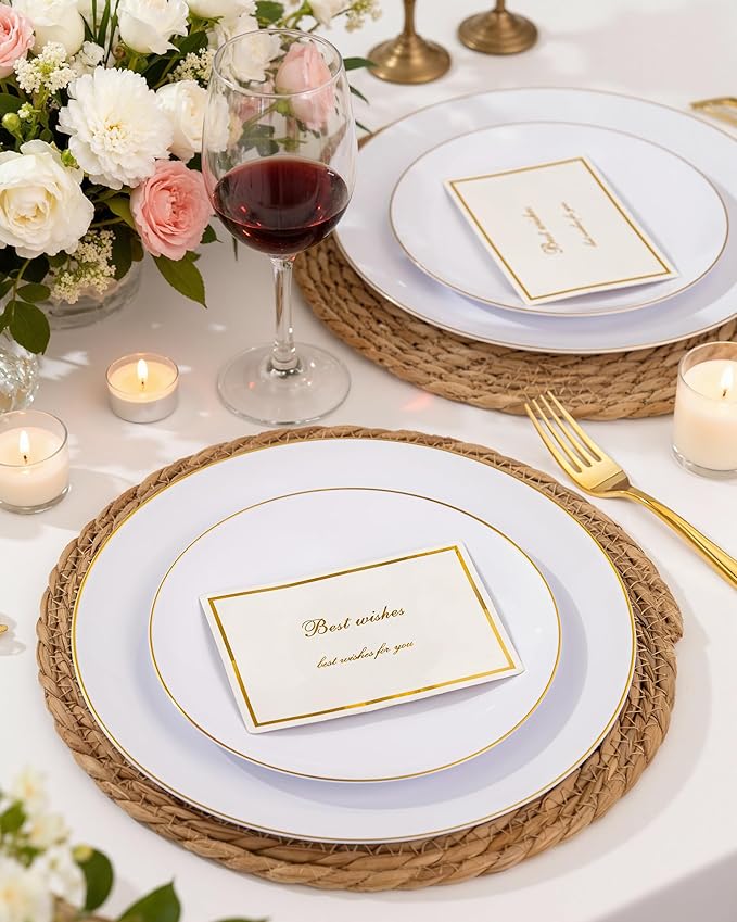Nervure 100Pieces White with Gold Rim Plastic Plates - 7.5inch Disposable Gold Salad/Dessert Plate - White and Gold Plastic Plates Ideal for Wedding & Party & Thanksgiving
