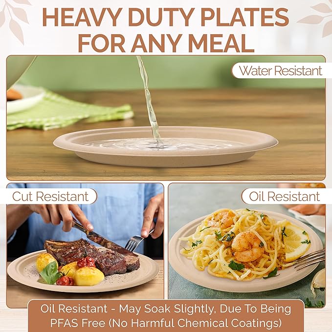 Heavy Duty Eco-Friendly PFAS-free Compostable Plates, 10 Inch Disposable Plates - Sugarcane Party Plates [Round, 75 Pack] | 100% Bagasse Biodegradable (Natural)