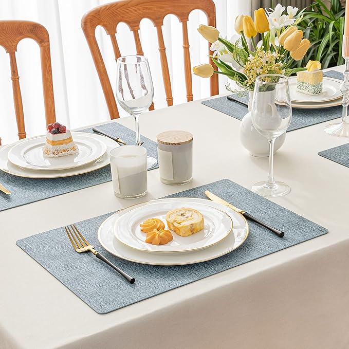 Romanstile Vinyl Placemats Set of 4-12 X 17 Inch - Heat Resistant Place Mats 100% Waterproof Oilproof Wipeable Reversible Faux Leather Table Mats for Kitchen, Dining, Party, Outdoor, Sky Blue