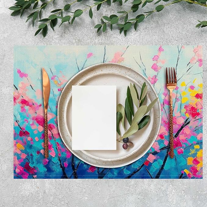 Jauageon Spring Summer Floral Placemat Set of 4 Placemats Flower Branch Table Mats for Indoor Outdoor Home Party Kitchen Dining Decor Farmhouse Burlap Table Mats 12x18 Inch