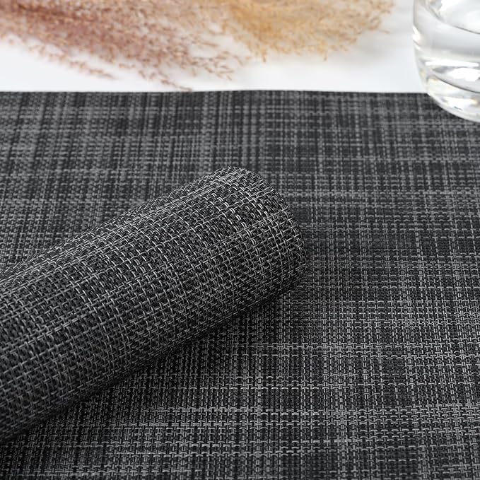 Myir JUN Placemats Set of 6, Vinyl Woven Placemats Place Mats Indoor Washable Table Mats Non-Slip Place mats for Dining Table (Dark Gray-Black, Set of 6)