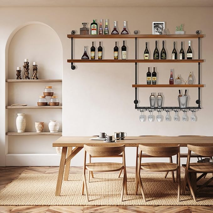 51.1in Large Wine Rack with LED Light, 4 Tiers Solid Wood Wall Mounted Wine Rack, Industrial Liquor Bottles Floating Shelves with Glass Holder for Home Bar/Dining Room (51.1in/130cm)