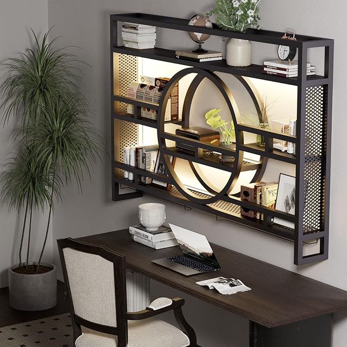 3-Tiers 39in Wine Rack Wall Mounted with Upgarded LED, Floating Bar Shelves with Wine Glass Holder Hanging Industrial Liquor Shelf, Wall-Mounted Wine Racks Cabinets for Home Bar, No Assembly Required