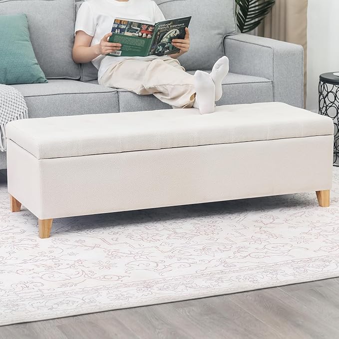 DECO DE VILLE Ottoman with Storage, 51 Inch End of Bed Storage Ottoman Bench, Linen Fabric Upholstered Ottomans with Hinged Lid, Rectangle Long Foot Rest Bench for Entryway Living Room Bedroom White