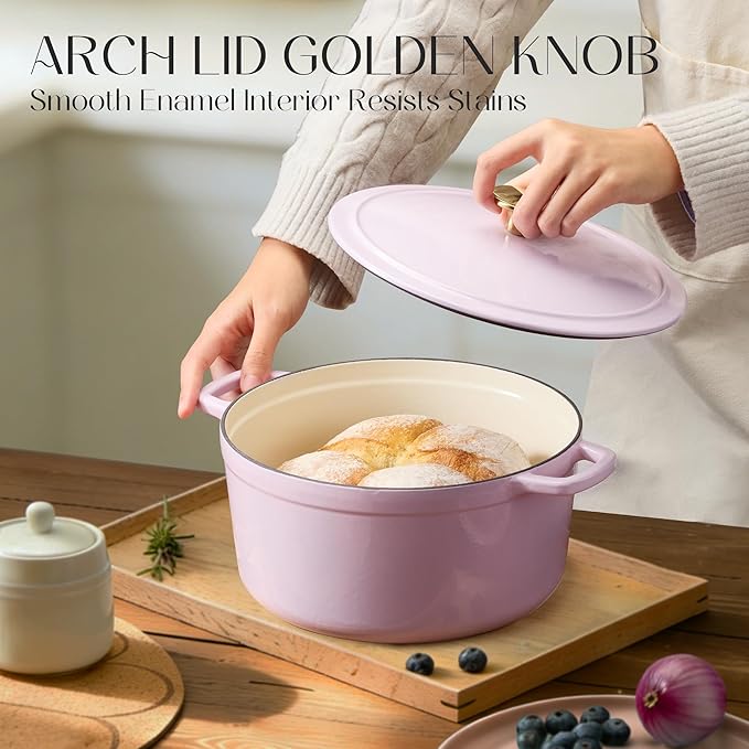 CAROTE 5QT Enameled Cast Iron Dutch Oven Pot with Lid, Heavy-Duty Dutch Ovens for Sourdough Bread Baking, Braising, Roasting, Dual Handles, Healthy & Non-Toxic, All Stovetop Compatible, Oven Safe up to 500째 F, Macaron Purple