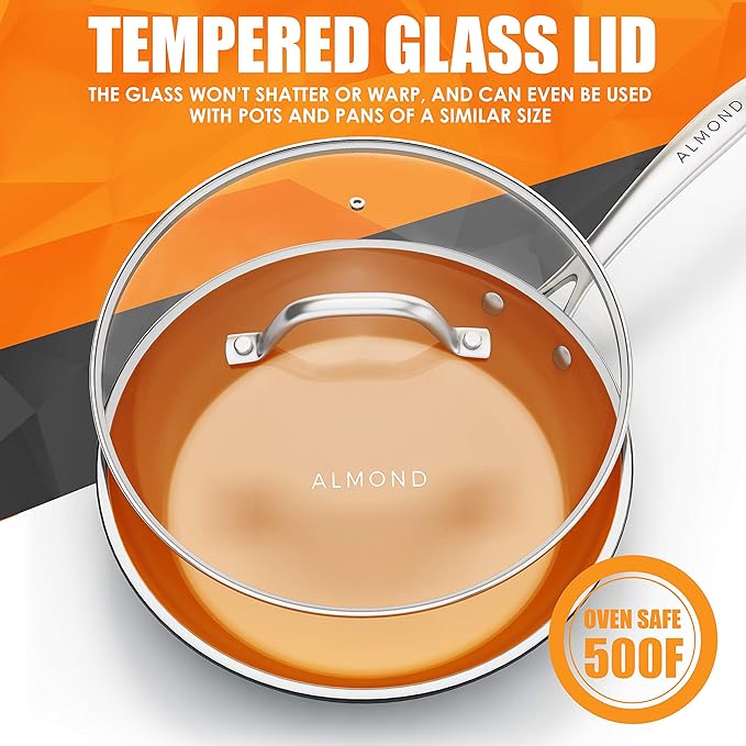 Almond Nonstick Ceramic Copper Frying Pan: Non Stick 8 Inches Skillet With Glass Lid - Round Aluminum Saute Pan for Gas, Electric and Induction Cooktops (8 Inch)